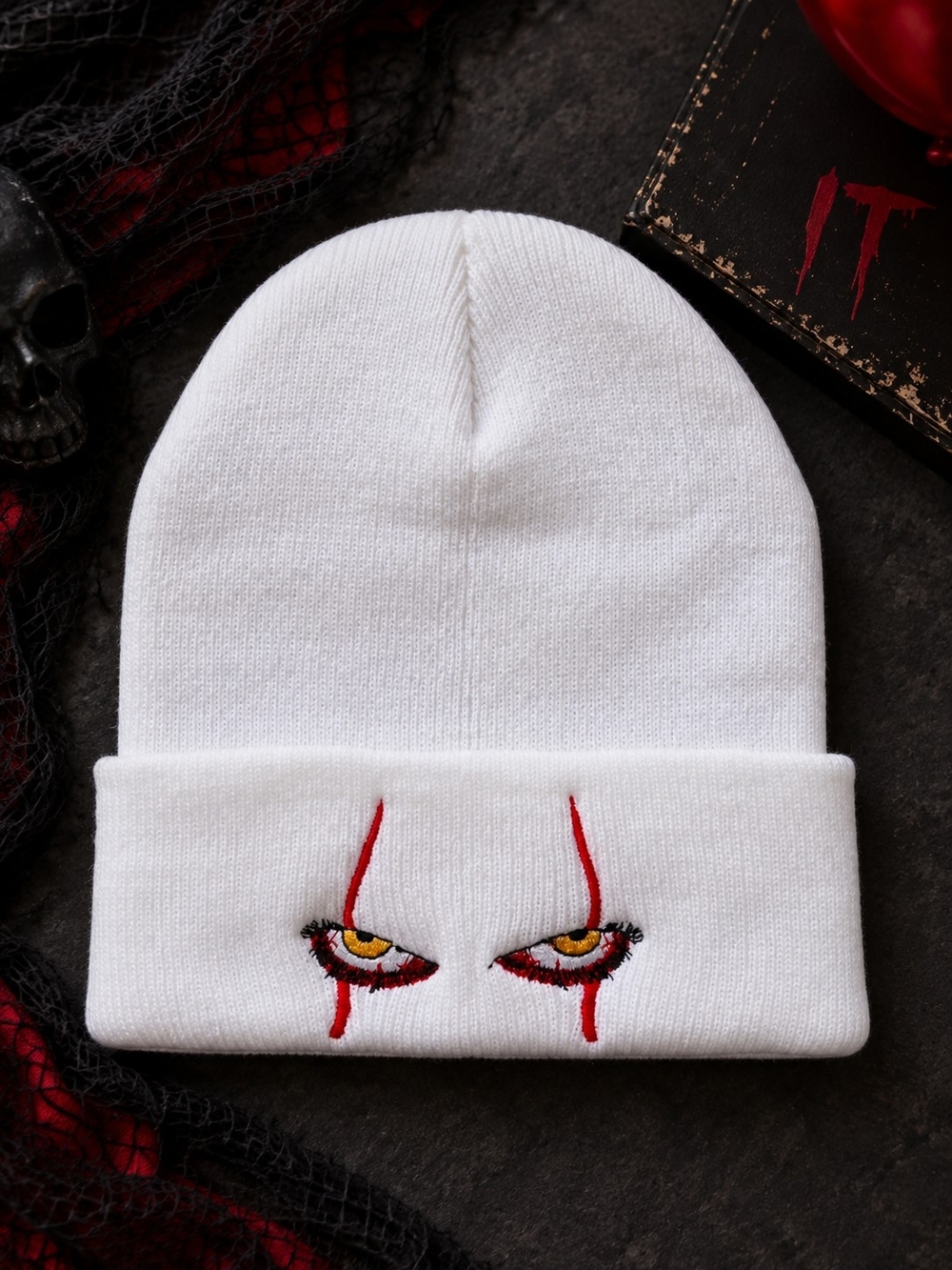 Pennywise IT Horror Eyes White Knit Beanie Halloween Clown Winter Hat